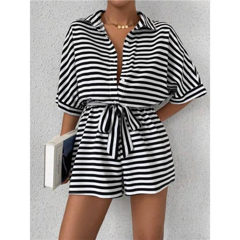 A Classy Chic Boutique Black and White Striped Tie-Waist Romper